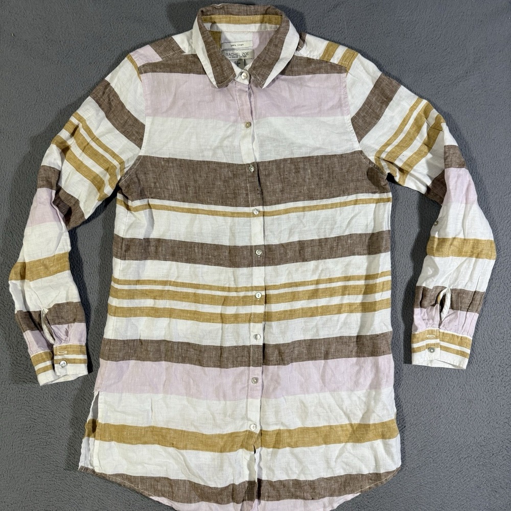 Rachel Zoe 100% Linen Long Button Down Shirt Tunic Size Medium